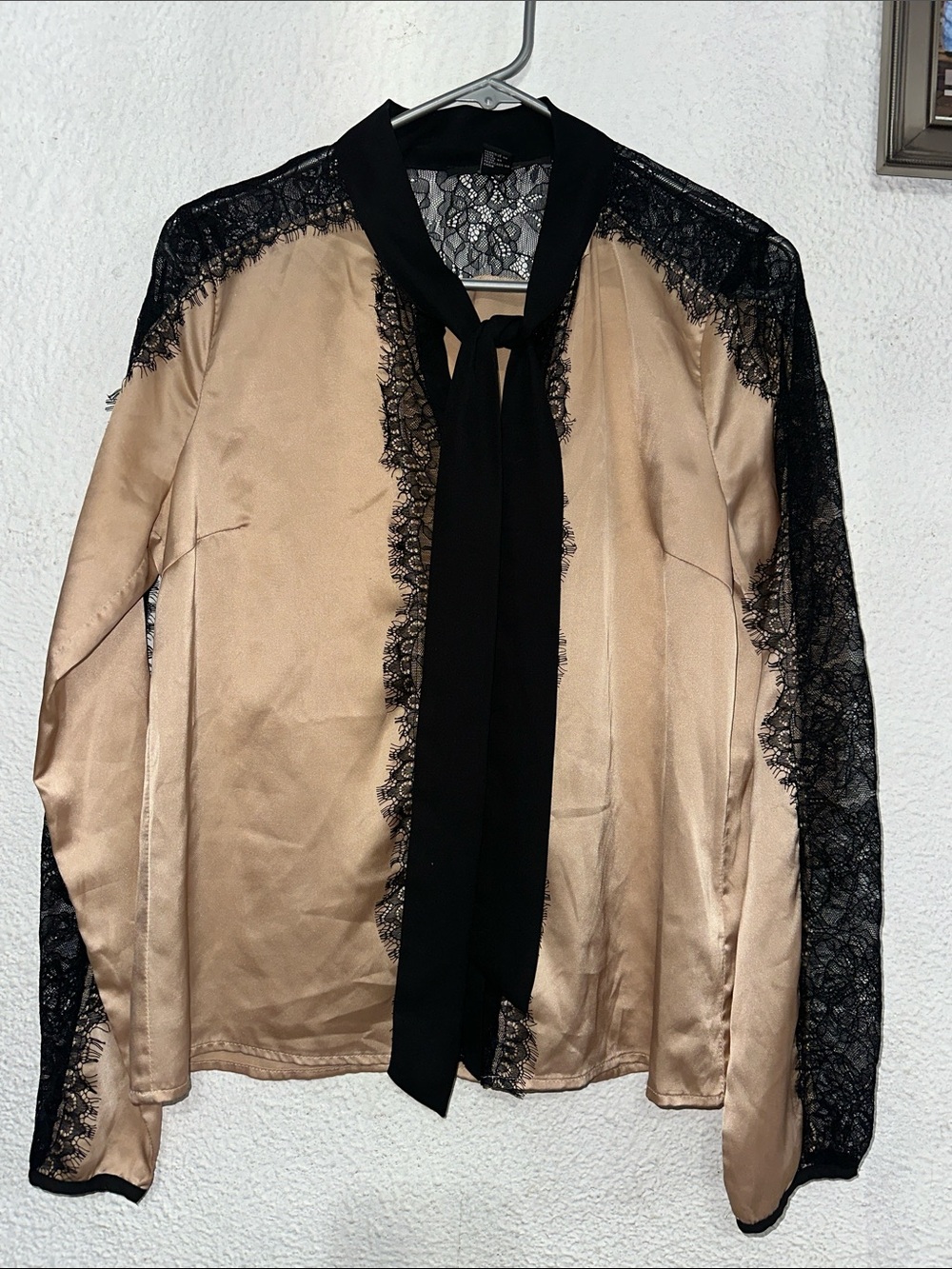 Forever 21 Beige and Black Lace Tie-Neck Blouse